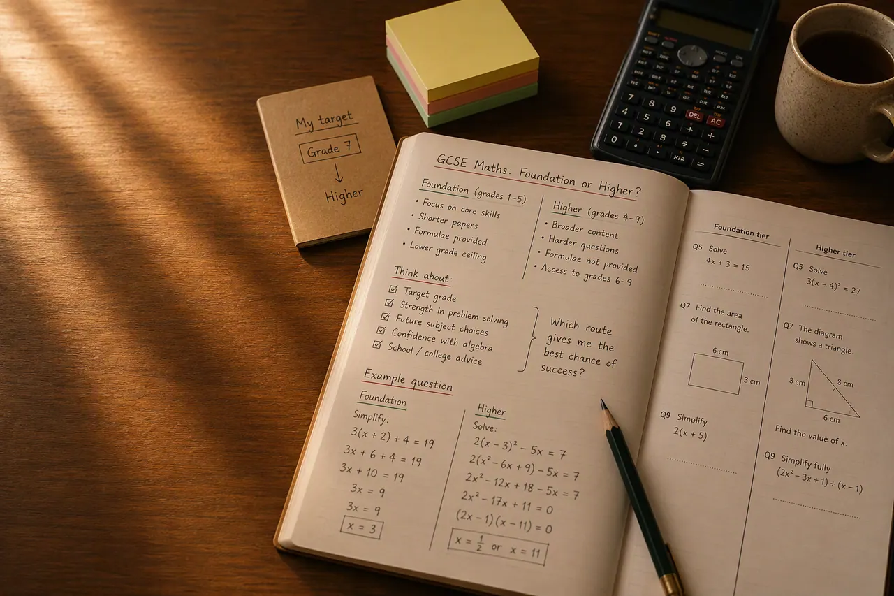 Scientific calculator and GCSE Maths papers on a UK kitchen table for Foundation vs Higher