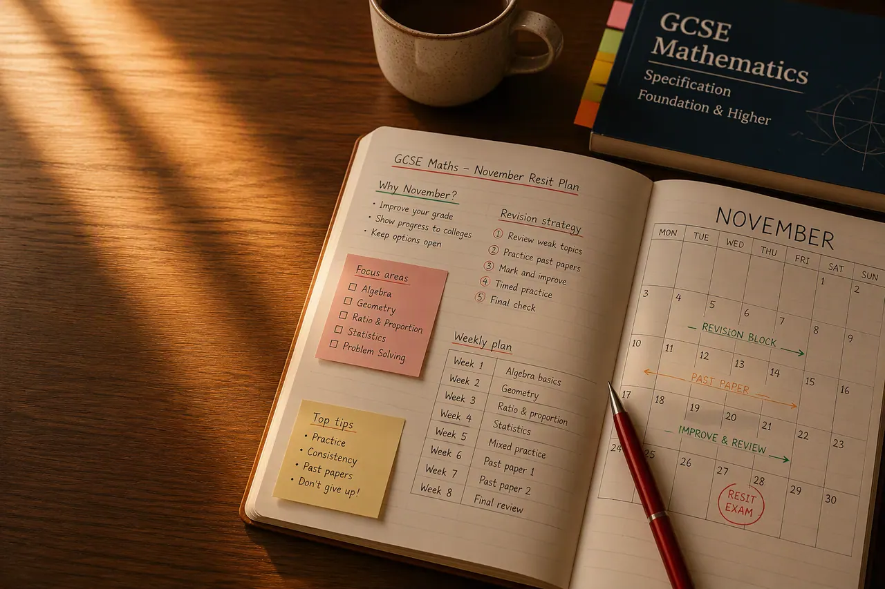 Student working through GCSE Maths on a laptop at a UK home desk with a calculator and notebook