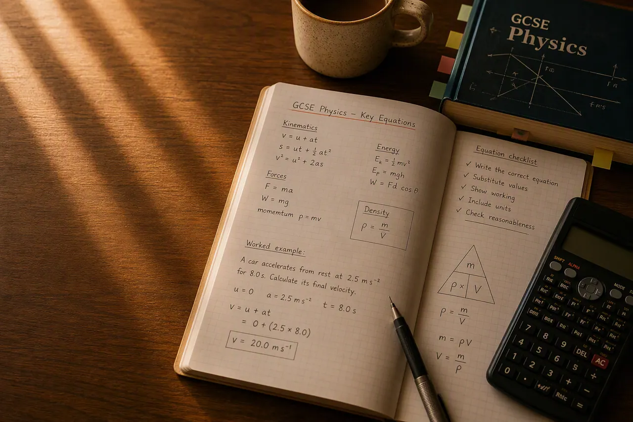 GCSE Physics equation sheet, calculator and pencil on a quiet UK study desk