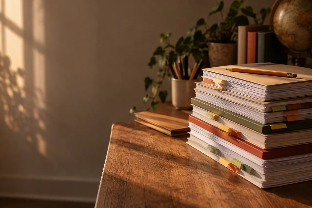 GCSE past papers and revision guides stacked and tabbed on a warm desk