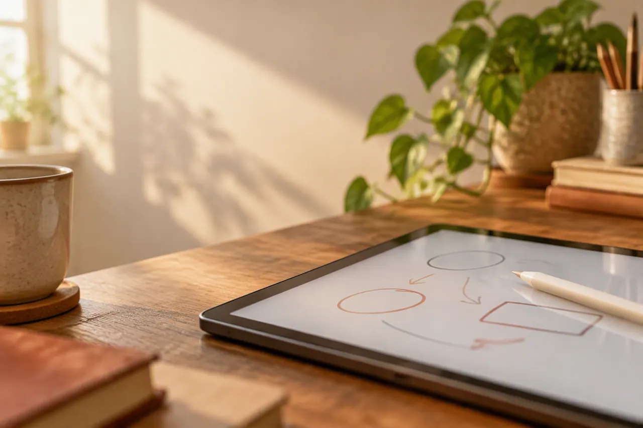 A shared whiteboard surface mid-explanation with a stylus resting beside it