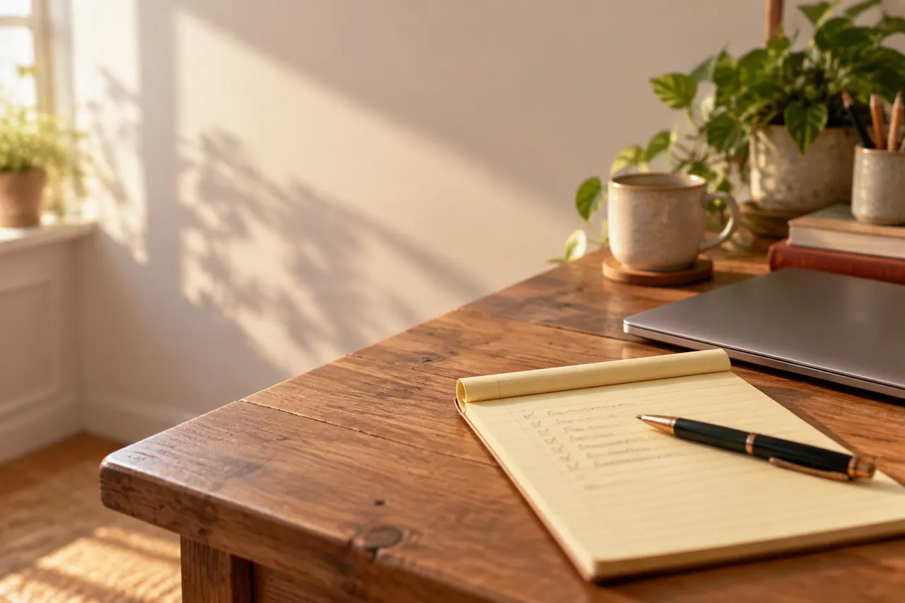 A shortlist of tutor criteria on paper with points ticked off, laptop at the edge of the desk