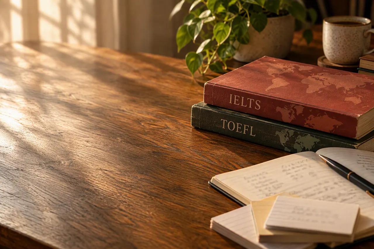 Notes comparing IELTS and TOEFL formats, sections and scoring, laid out side by side on a warm desk