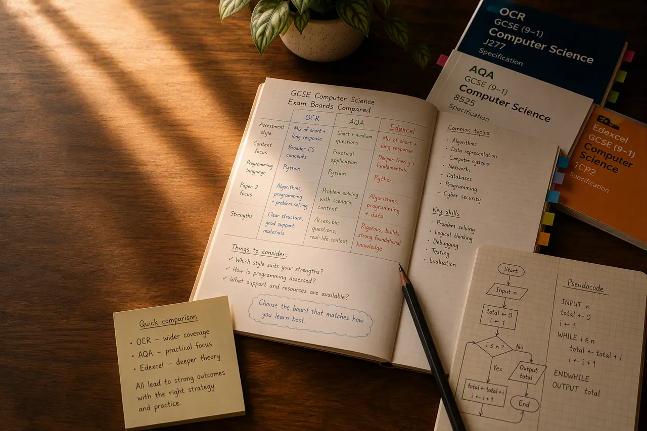 Laptop code editor and Computer Science notes on a UK home study desk
