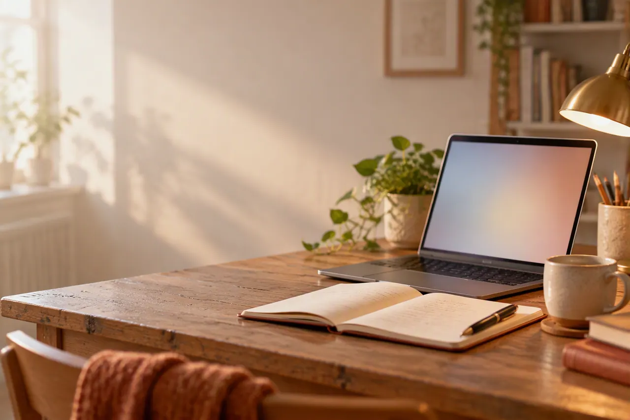 A home study desk set for a live online lesson: laptop, notebook and pen in warm light