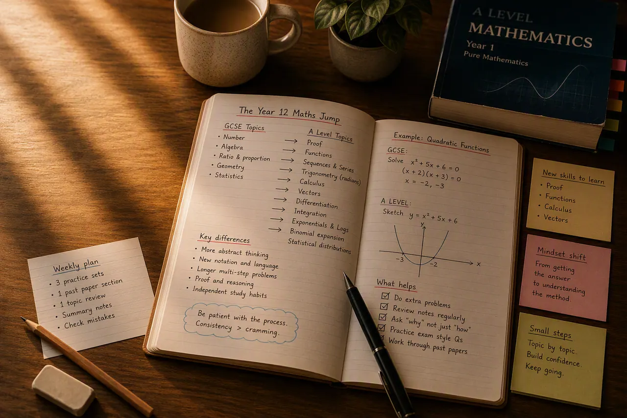 Pure Maths textbook, calculator and graph paper on a British sixth-form desk