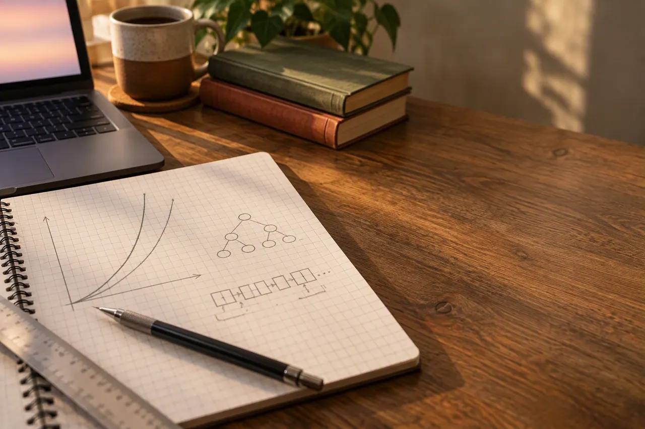Online A Level Computer Science tutoring at a UK home desk with an IDE and handwritten algorithm design — Nexus Academy
