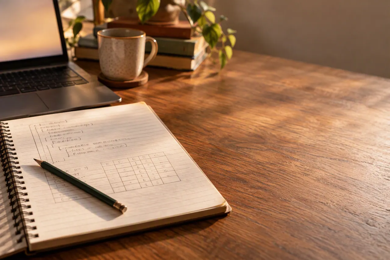 Online GCSE Computer Science tutoring at a UK home desk with a laptop code editor and handwritten algorithm — Nexus Academy