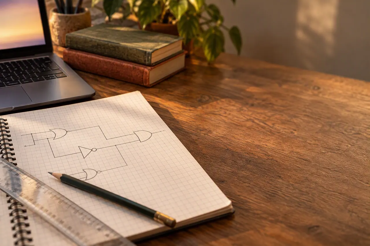 Online IGCSE Computer Science tutoring at a home study desk with a laptop and algorithm notes — Nexus Academy