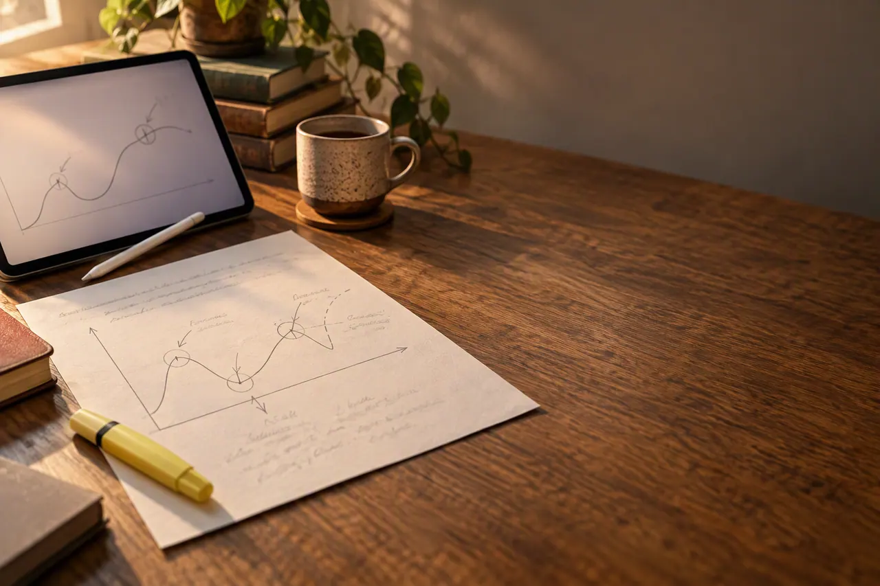 Online A Level Economics tutoring at a home study desk with graphs, notes and a laptop — Nexus Academy