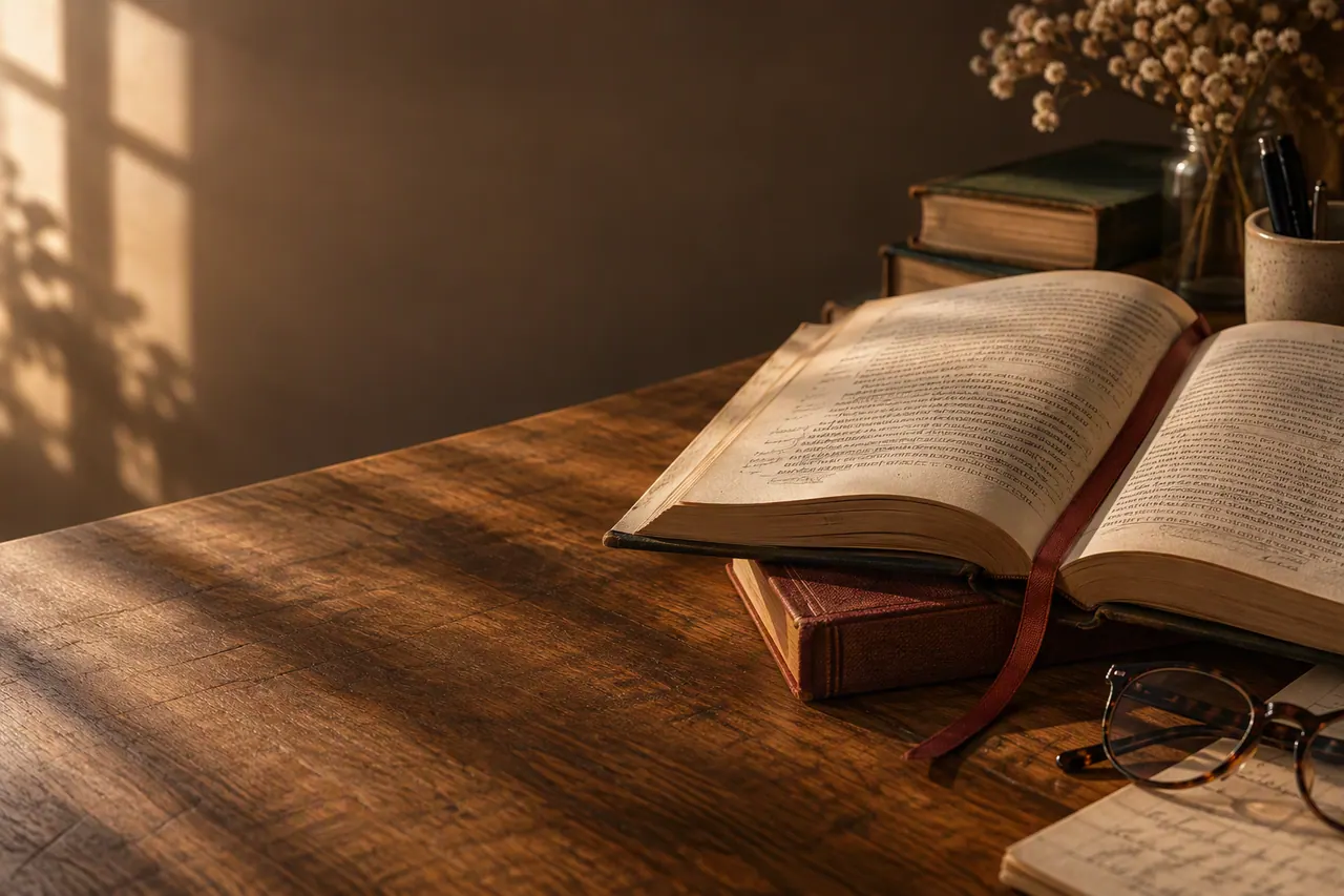 IGCSE English tutoring — study materials on a warm desk, Nexus Academy