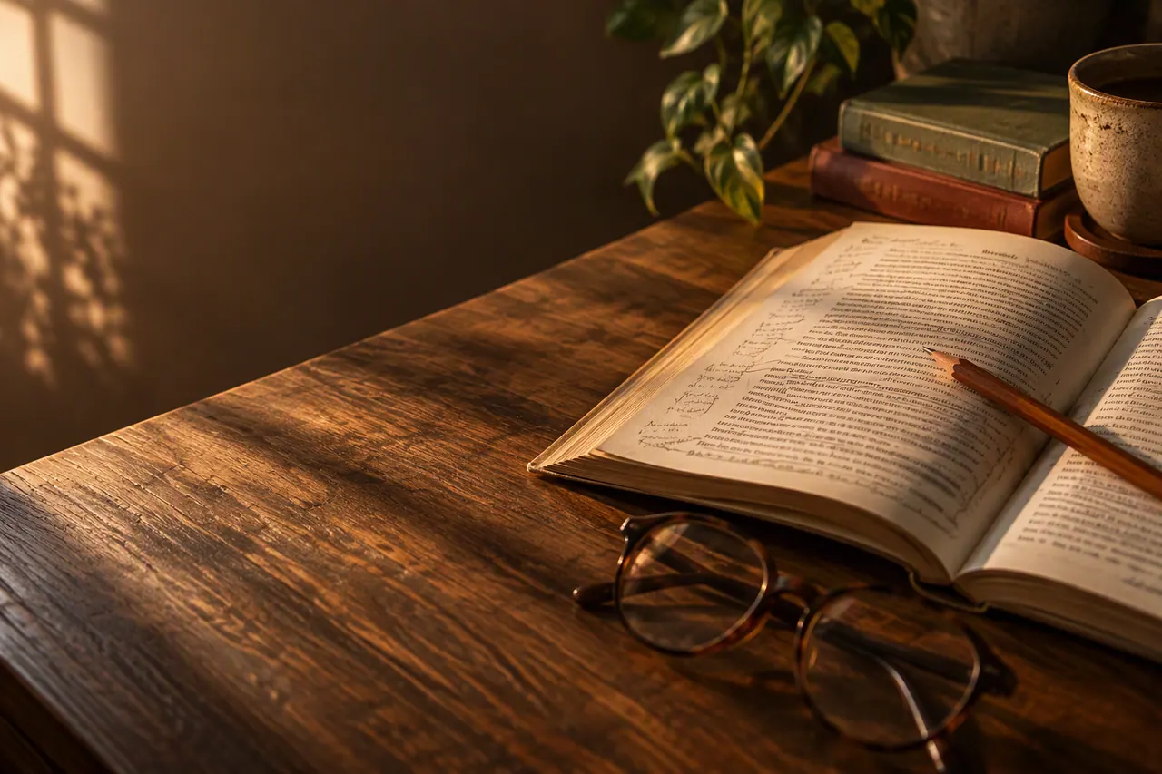 GCSE English tutoring — study materials on a warm desk, Nexus Academy