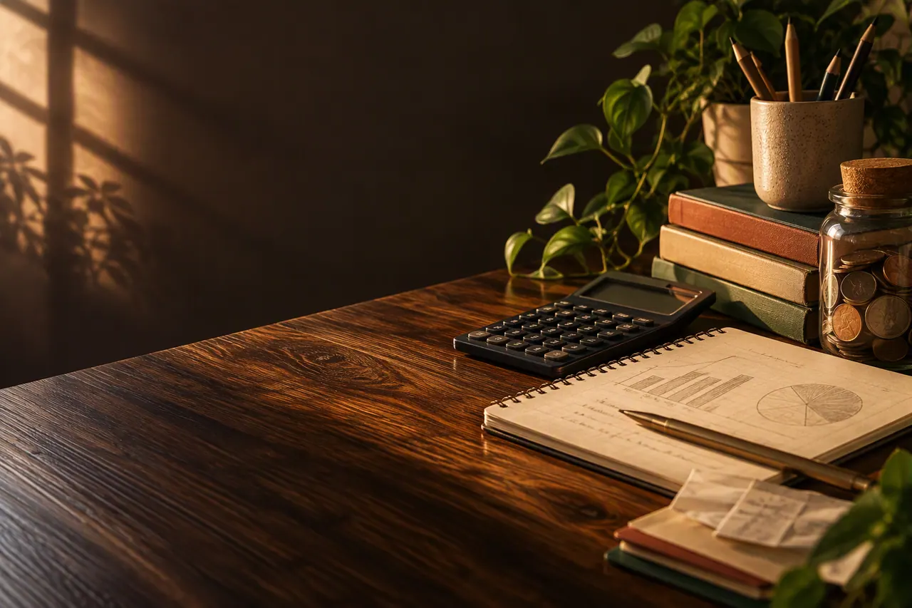 Desk with a calculator, a fees breakdown and an open notebook