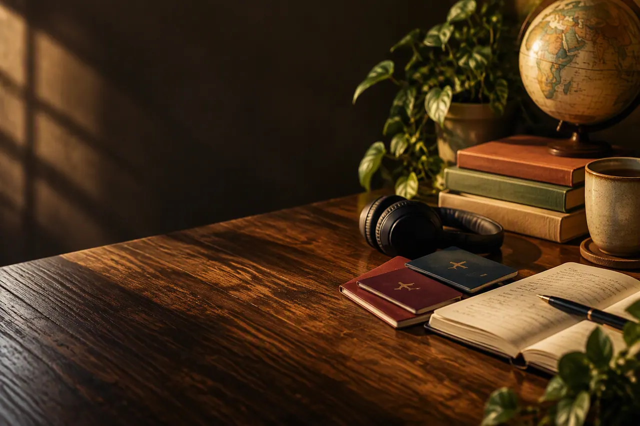 Exam preparation desk with a notebook, headphones and a timer