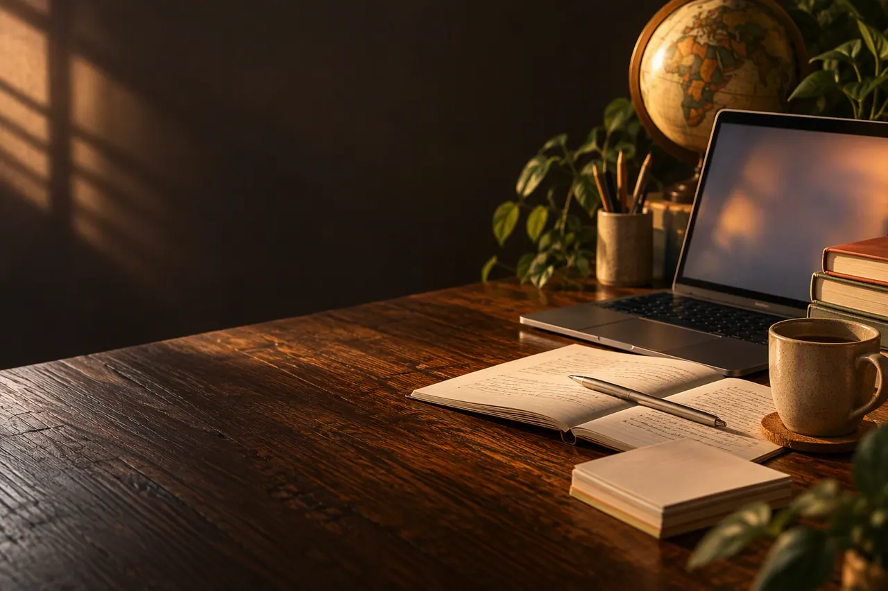 IELTS practice paper part-completed beside a timer on a warm desk