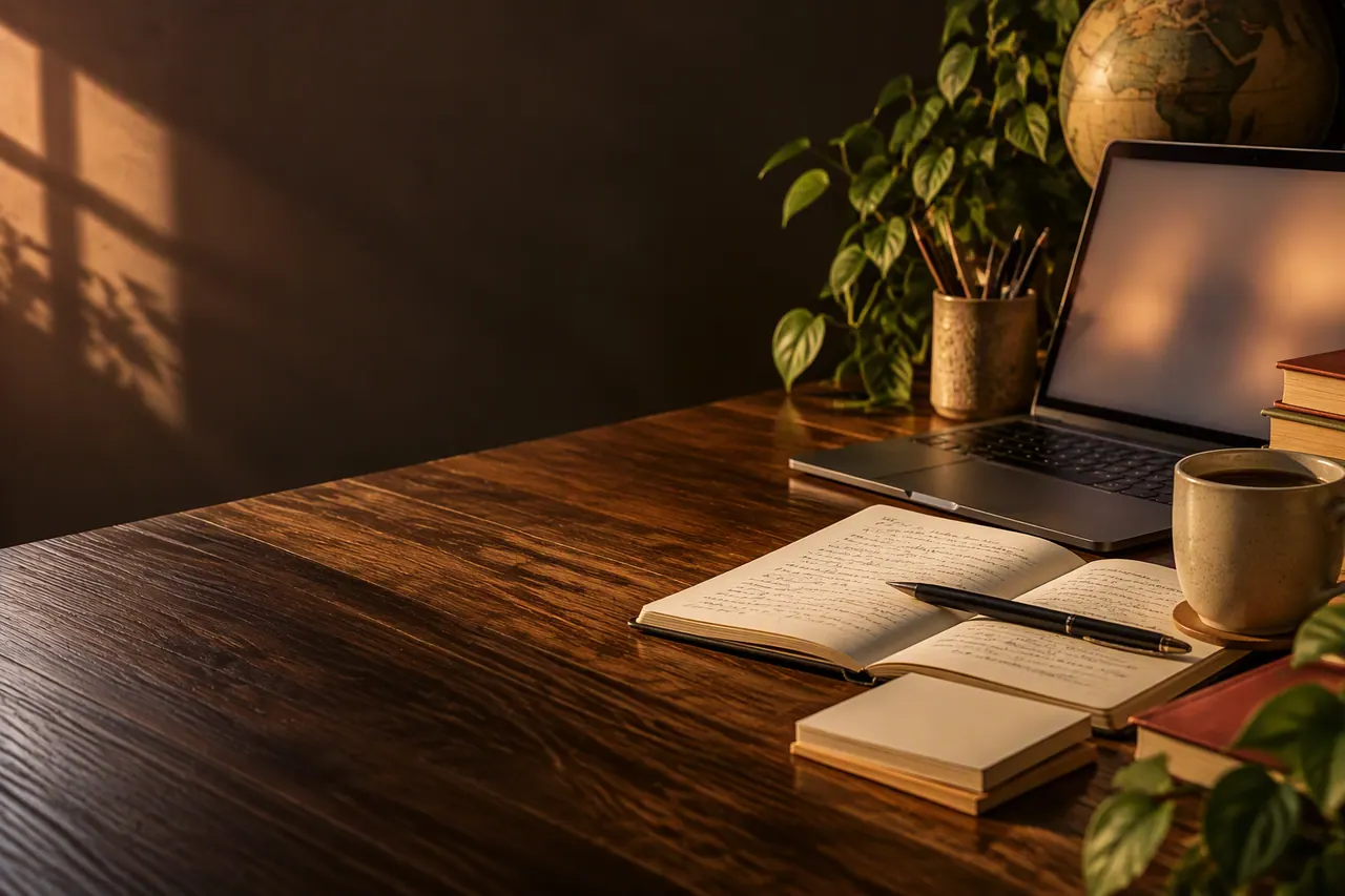 Laptop open at a blank TOEFL practice screen with a notepad alongside