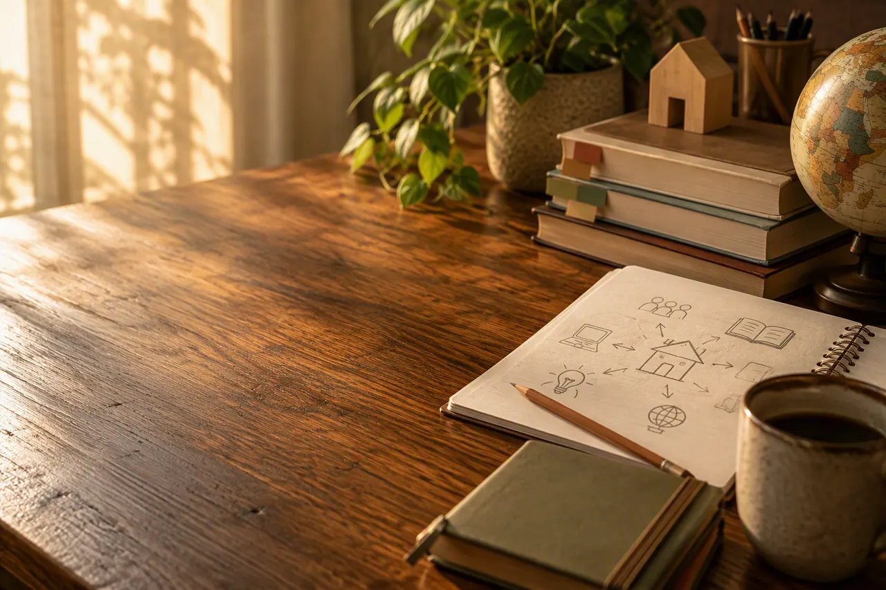 Desk with a UK map, a printed list of exam centres and a pen