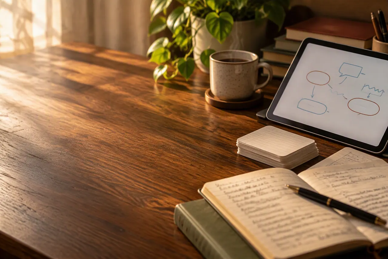 IELTS practice paper part-completed beside a timer and a pen on a warm desk