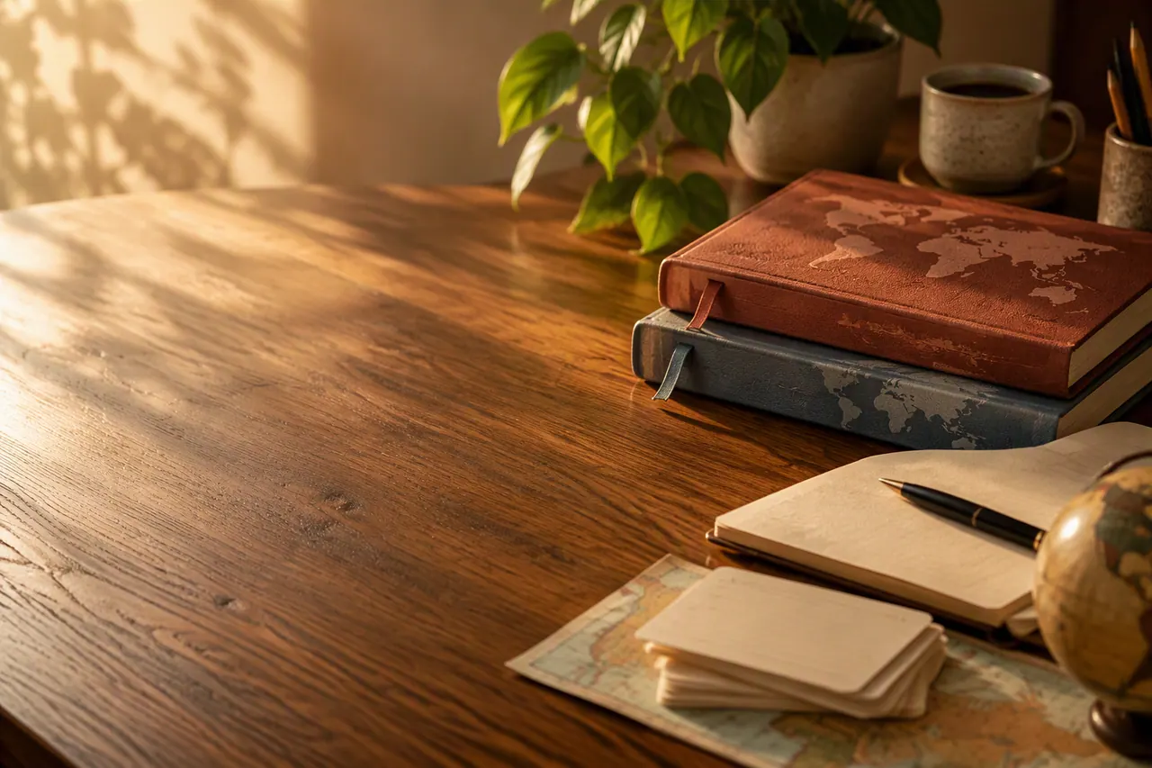 Quiet desk set for exam preparation with a notebook, headphones and a timer