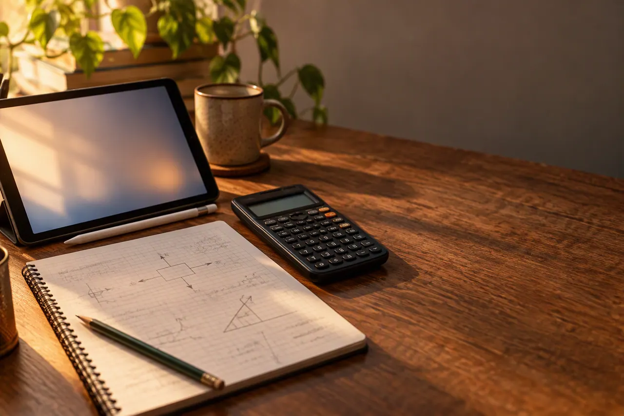 Online GCSE Physics tutoring at a home study desk with equations, calculator and laptop — Nexus Academy