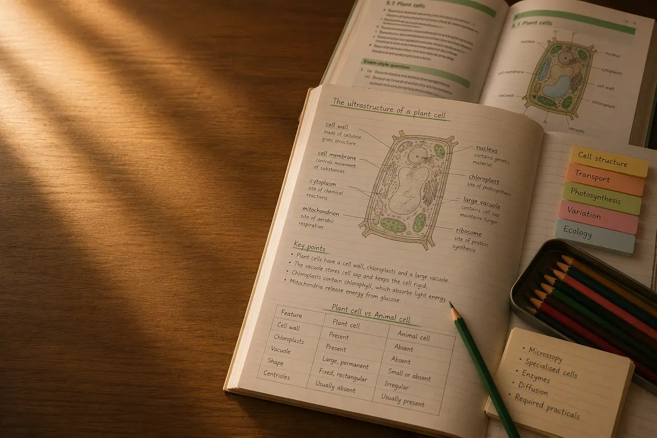 A Level biology plant cell ultrastructure notes with a comparison table and topic tabs