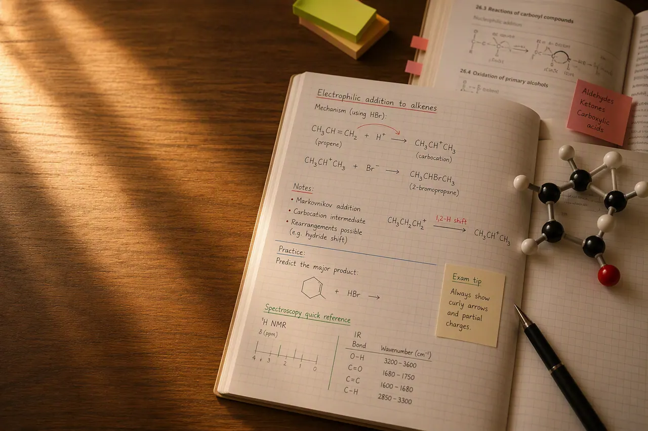 A Level organic chemistry mechanism for electrophilic addition beside a molecular model