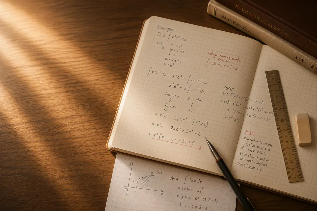 A Level pure mathematics integration by parts worked through step by step