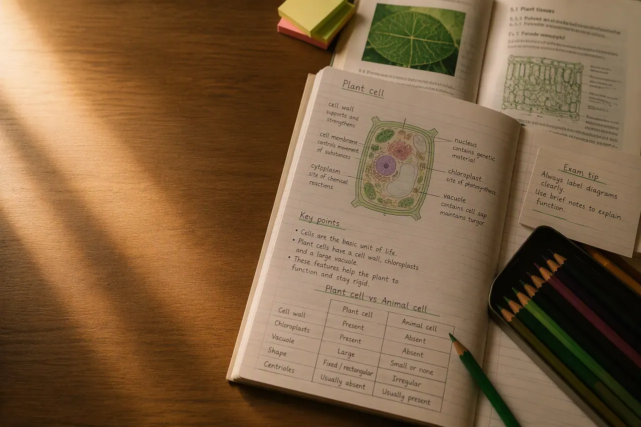 GCSE biology plant cell diagram labelled beside a revision guide and coloured pencils