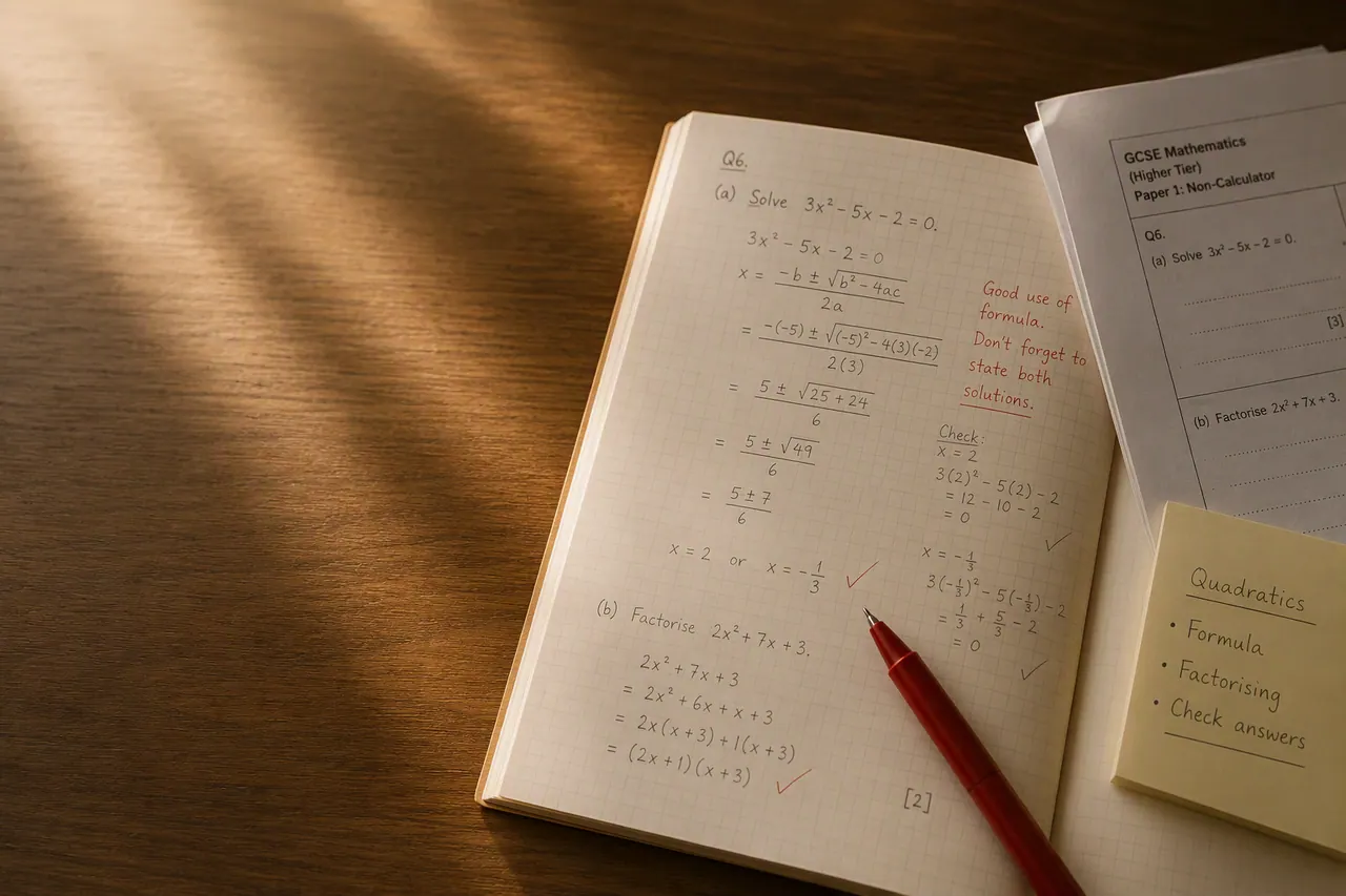 GCSE Mathematics higher tier paper with quadratic equations worked through in pencil