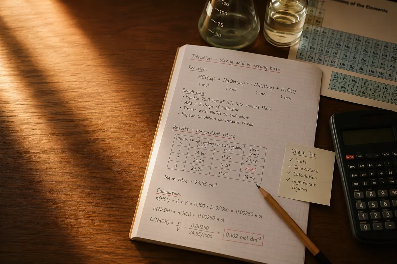 IGCSE chemistry titration of a strong acid against a strong base, with conical flasks and concordant titres
